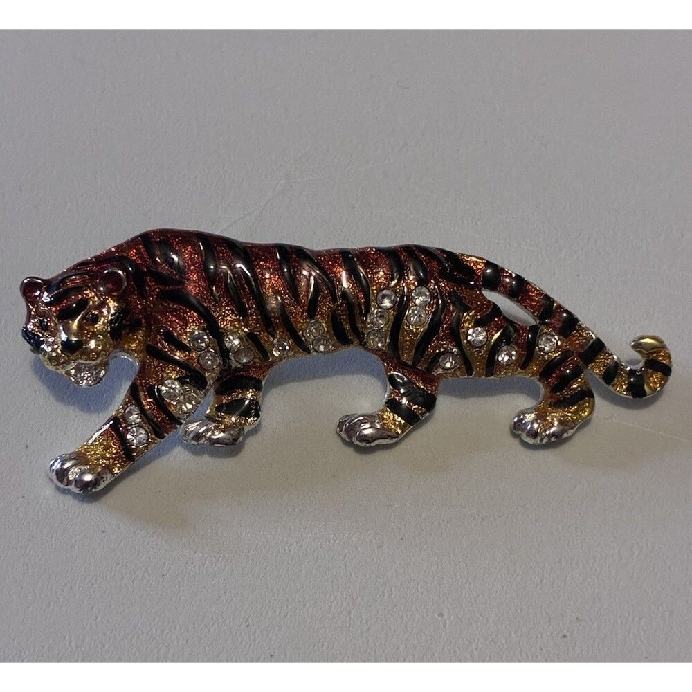 Enamel Tiger Brooch Pin Gold & Silver Tone Orange crystals costume jewelry